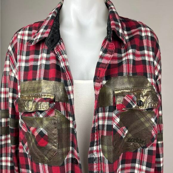 LF Furst of A Kind Red Oversized Plaid Check Flannel Button Up Shirt One Size - Picture 5 of 7